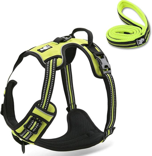 Reflective Nylon No-Pull Dog Harness and Training Leash Set Padded Durable Adjustable(L, Green Set)