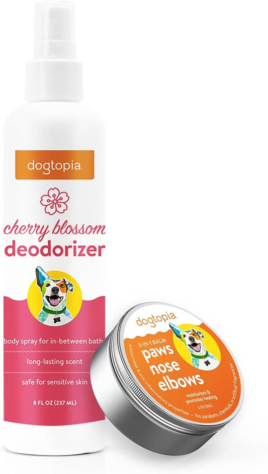 3-in-1 Paw Balm & Deodorizer Spray - Between Baths Bundle for Pets | Moisturizing Balm for Cracked Skin (2oz) & Long-Lasting Cherry Blossom Odor Eliminator (8oz) for Dogs & Cats