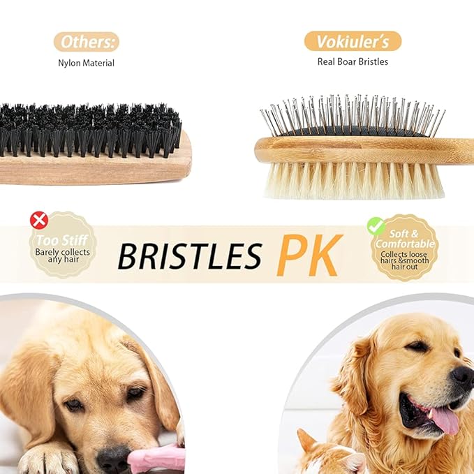 Dog Brush Cat Brush, Vokiuler Double Sided Bristle and Pin Pet Brush for Dog Grooming, Real Boar Bristle Shedding Brush with Bamboo Handle for Long Short Hair, 2 Pack Dog Comb, White