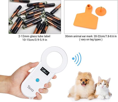 Tera Pet Microchip Reader Scanner RFID Portable Animal Chip ID Scanner with OLED Display Screen Rechargeable Data Storage Tag Scanner Supports EMID FDX-B(ISO11784/85) for Dog Pig Animal Management H01