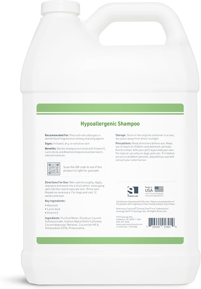 Veterinary Formula Clinical Care Hypoallergenic Shampoo for Dogs and Cats, 128 oz – No Harsh Ingredients – Fragrance-Free Pet Shampoo for Allergies and Sensitive Skin, Promotes Healthy Skin and Coat