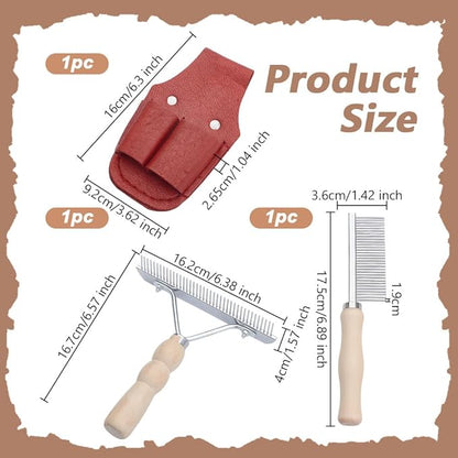 OLYCRAFT 2 Pcs Wooden Handle Grooming Comb with 1 Pc Leather Show Comb Holder Metal Tassel Combs Single-Sided Pet Comb Pet Grooming Comb for Removing Tangles and Knots Grooming Tool