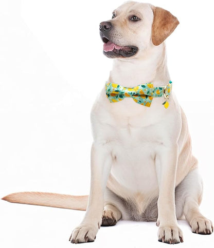 Fashionable Dog Collar with Bow Tie for Small Medium Large Dogs,Cute and Soft Puppy Collar for Male Female Dogs, Yellow Durable Cotton Dog Collar with Adjustable Buckle Lemon Pattern (S, Yellow Lemon)
