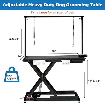 Professional Electric Dog Grooming Table Heavy Duty Pet Grooming Table Height Adjustable w/Leveling Wheels, Dog Grooming Arm, Anti Slip Tabletop &Tool Organizer, Dog Grooming Station 50" Black