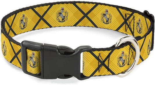 Buckle-Down Dog Collar Plastic Clip Harry Potter Hufflepuff Crest Plaid Yellows Gray 13 to 17 Inches 1.5 Inch Wide
