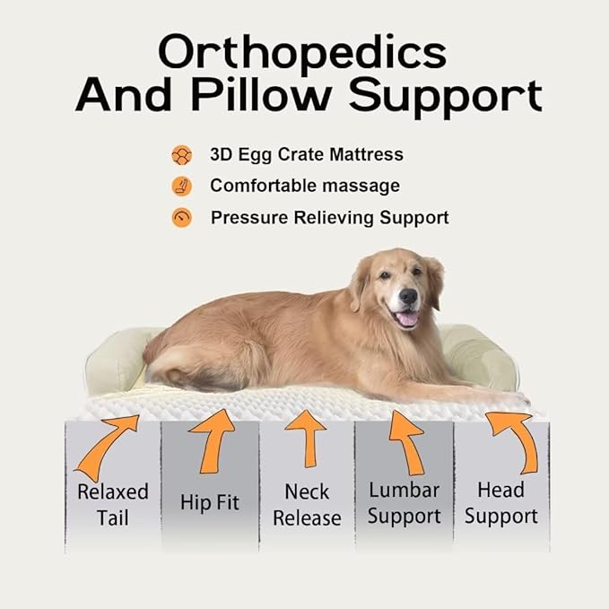 Large Dog Bed Orthopedic Washable - Waterproof with Removable Cover - Memory Foam - XXL Large Big Dogs - Beds Bolster Pet - Couch Sofa - Beige Dog Bed