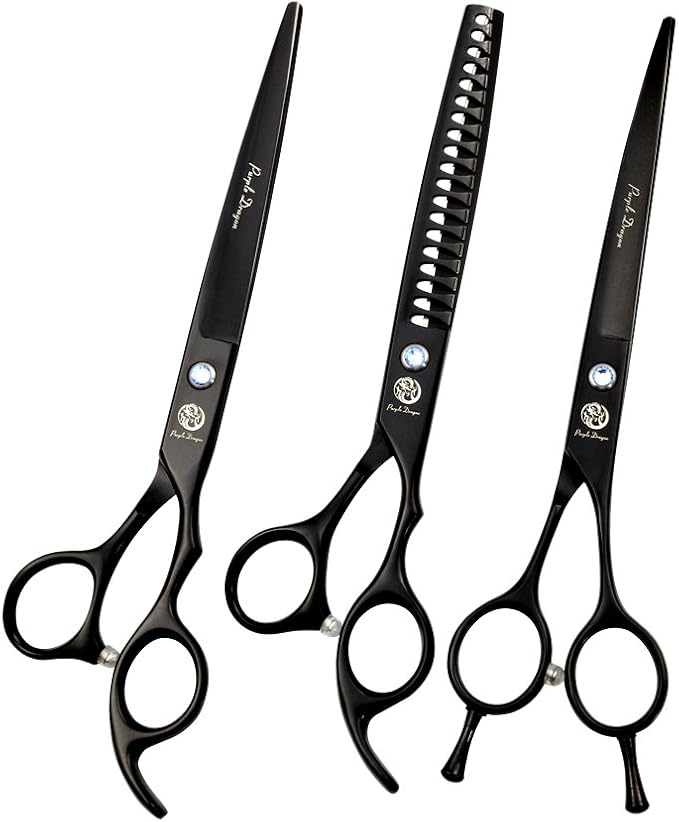 Purple Dragon 7.0 inch Professional Dog Grooming Hair Cutting Scissor &Curved Scissor&Chunker Shear Kit with Bag - for Pet Groomer or Family DIY Pet Use