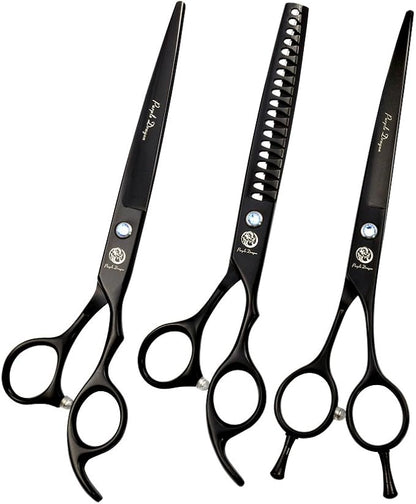 Purple Dragon 7.0 inch Professional Dog Grooming Hair Cutting Scissor &Curved Scissor&Chunker Shear Kit with Bag - for Pet Groomer or Family DIY Pet Use