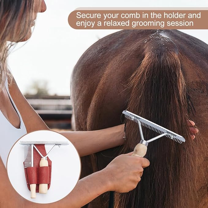 OLYCRAFT 2 Pcs Wooden Handle Grooming Comb with 1 Pc Leather Show Comb Holder Metal Tassel Combs Single-Sided Pet Comb Pet Grooming Comb for Removing Tangles and Knots Grooming Tool