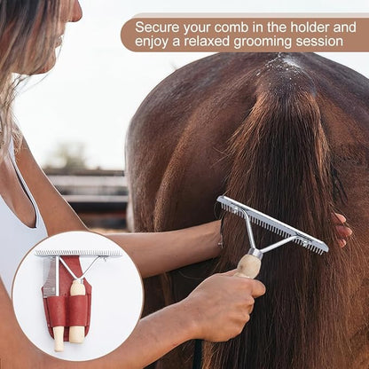 OLYCRAFT 2 Pcs Wooden Handle Grooming Comb with 1 Pc Leather Show Comb Holder Metal Tassel Combs Single-Sided Pet Comb Pet Grooming Comb for Removing Tangles and Knots Grooming Tool