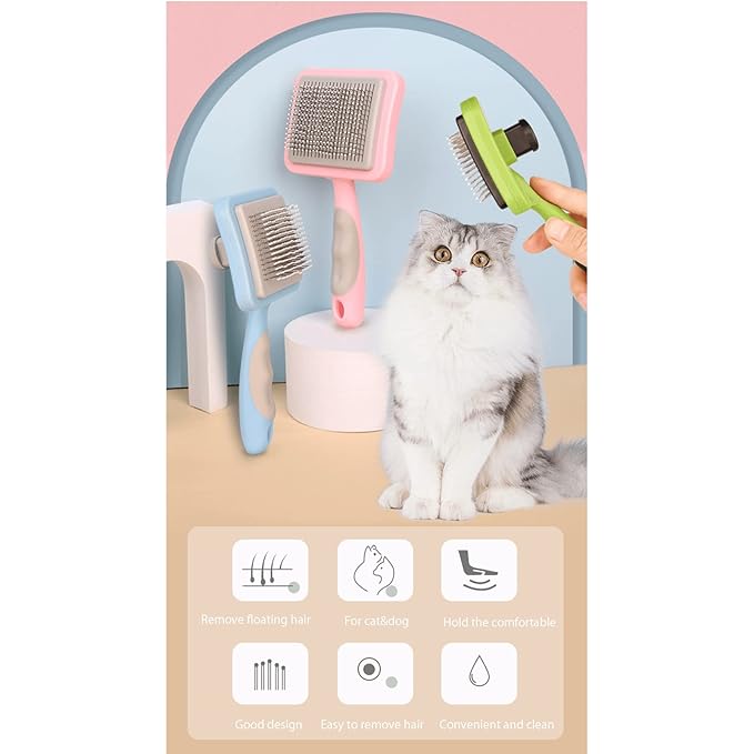 IOO Grooming Brush For Cat And Dog, Self Cleaning Slicker Brushes For Pet， Pet Grooming Brush Can Gently Removes Loose Undercoat, Mats Tangled Hair Slicker Brush for Pet Massage Cleaning (green)