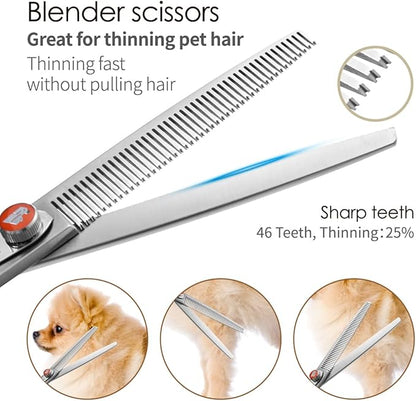 Professional Dog Grooming Scissors Kit Japan 440C Stainless Steel 7 in Curved Thinning Straight Chunker Shears and Comb 5pcs Set for Grooming Dogs Cat Pet