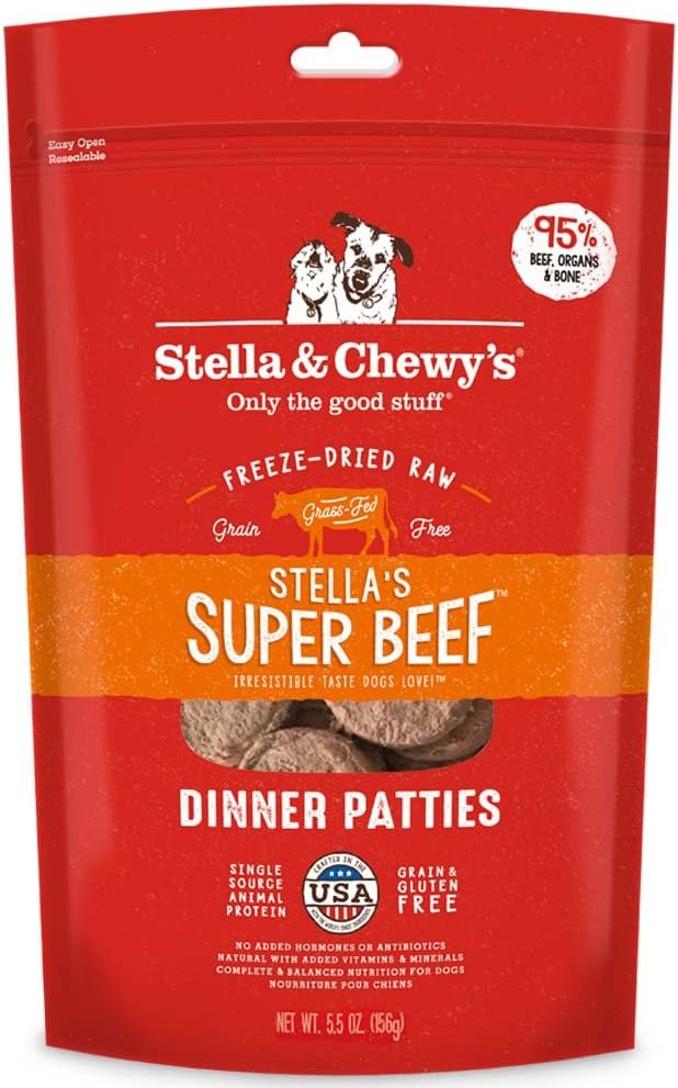 Stella & Chewy's Freeze Dried Raw Dinner Patties – Grain Free Dog Food, Protein Rich Stella’s Super Beef Recipe – 5.5 oz Bag