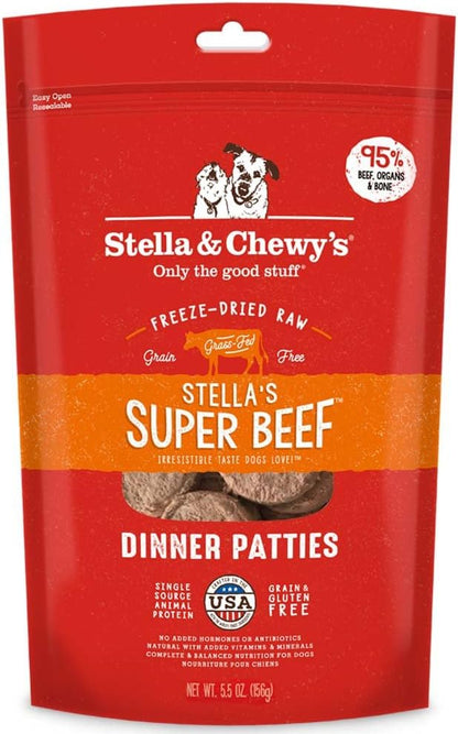 Stella & Chewy's Freeze Dried Raw Dinner Patties – Grain Free Dog Food, Protein Rich Stella’s Super Beef Recipe – 5.5 oz Bag