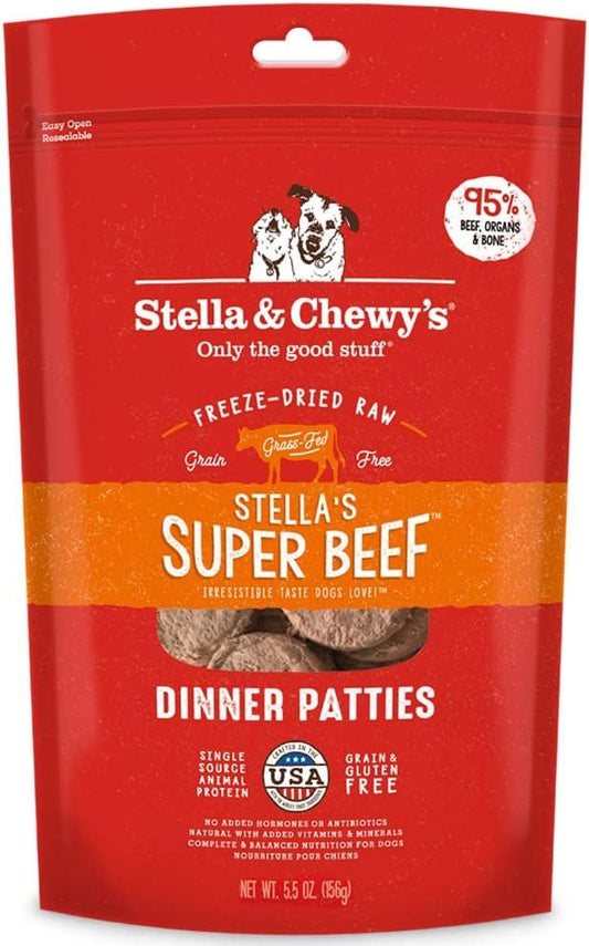 Stella & Chewy's Freeze Dried Raw Dinner Patties – Grain Free Dog Food, Protein Rich Stella’s Super Beef Recipe – 5.5 oz Bag
