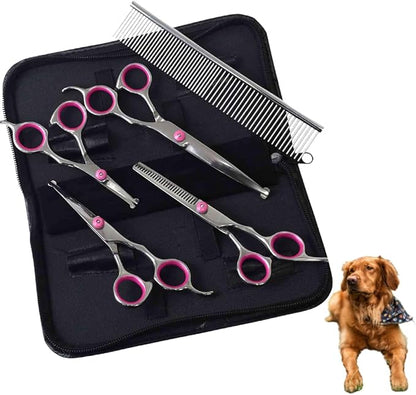 Professional 5 in 1 Dog Grooming Scissors Set with Safety Round Tips, Japard Sharp and Heavy-duty Pet Shears for Cats (Pink)