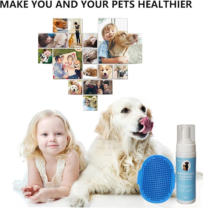 Waterless No Rinse Dog Shampoo, Dry Shampoo for Dogs with Silicone Brush, PH-Balanced Dry Shampoo Foam for Dogs & Cats, Clean Moisturizes Skin & Deodorizes Coat with Fresh Smell