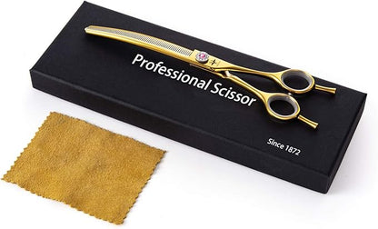 PURPLEBIRD 7 Inch Downward Curved Dog Grooming Scissors Thinning Texturizing Shears Professional Safety Blunt Tip Trimming Shearing for Dogs Cats Face Paws Limbs Japanese Stainless Steel Yellow