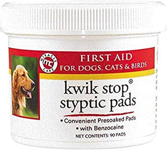 Miracle Care Kwik Stop Styptic Pads For Dogs, Cats and Birds, 90 Pre-Soaked Pads, Fast Acting Blood Stop with Pain Relieving Benzocaine