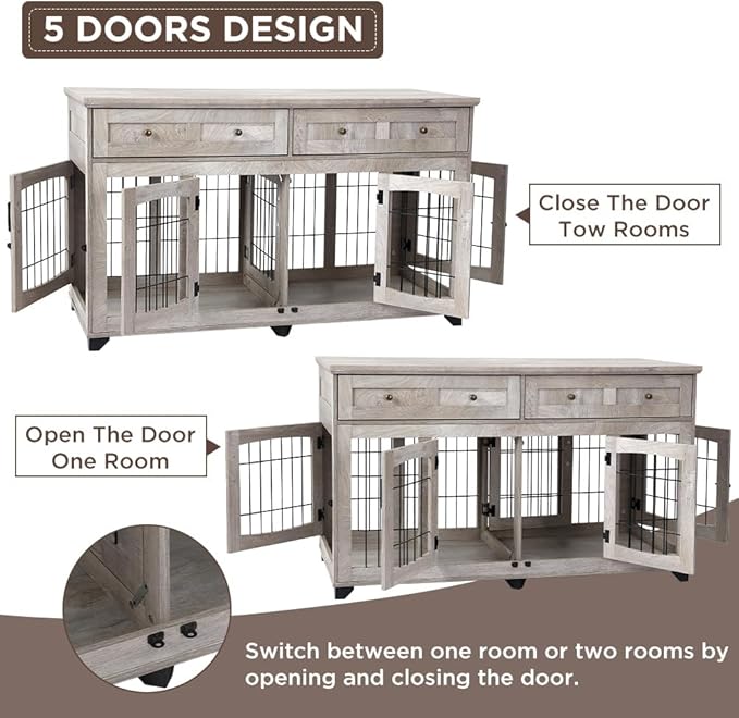 2 Dog Crate Furniture for Large Breeds,Large Dog Kennel Furniture TV Stand,58" Wooden Dog Kennel End Table with Drawers,Double Dog House with Divider