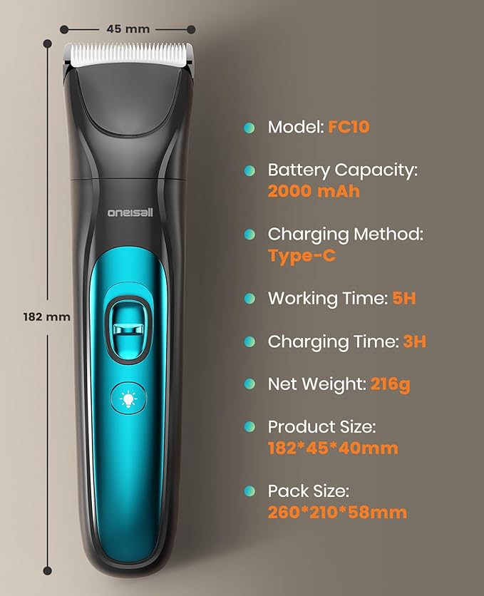 oneisall Quiet Dog Clippers for Grooming, LED Light Dog Paw Trimmer Dog Nail Grinder, Rechargeable 2000mAh Dog Grooming Clippers Cordless Dog Hair Trimmer Electric Dog Trimmer for Paw, Nail, Body