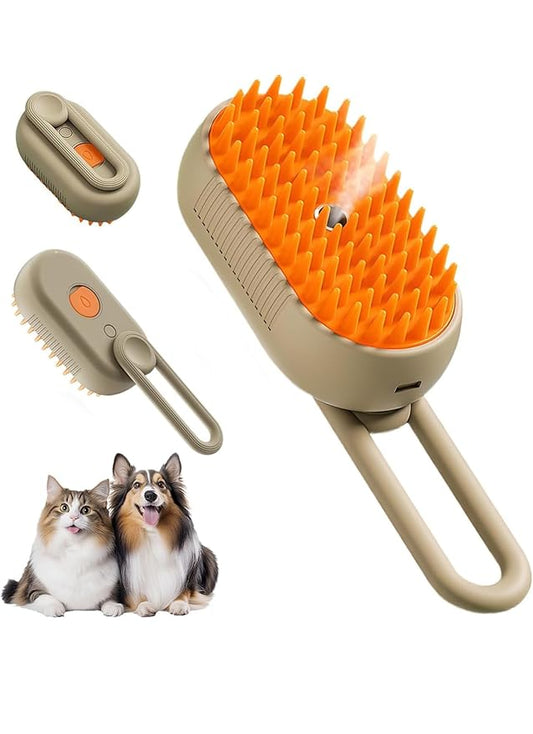 Pet Grooming Brush with Silicone Bristles for Dogs and Cats, Handheld Design, Beige and Orange