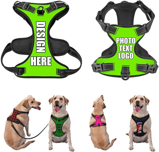Custom Dog Harness with Name Phone No., Customized No Pull Pet Vest for Small Medium Large Dog, Personalized Heavy Duty Dog Vest, Adjustable Reflective Pet Harness Custom, LawnGreen, S