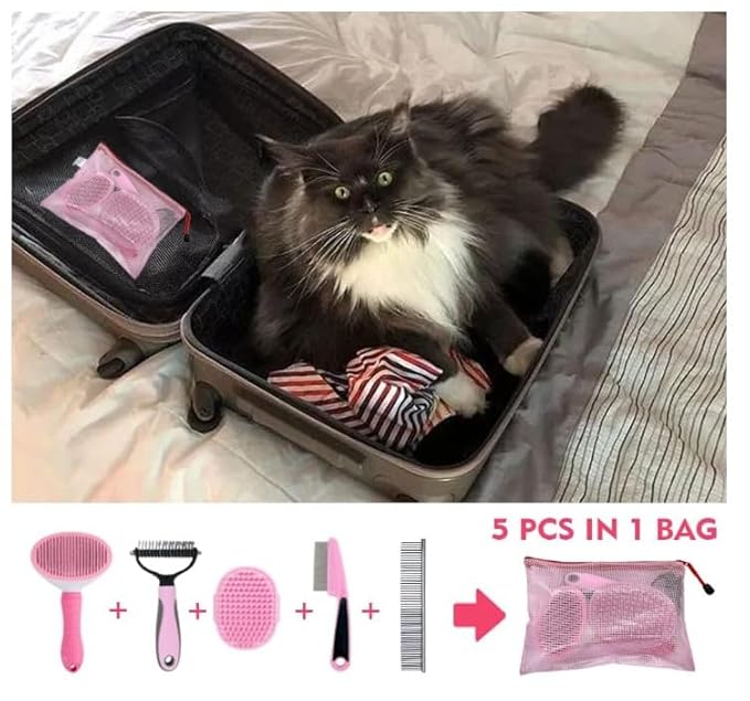 Dog Grooming Kit – Pink Deshedding Brush for Short Hair Dogs, Slicker Brush, Flea Comb & Puppy Brush Set – Gentle Grooming Tools for Small & Medium Breeds