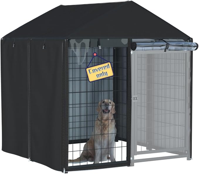 kennel cover，Full coverage kennel cover made of 600d heavy duty waterproof plus see-through clear material, outdoor wind and UV resistant, coverage only, black color.