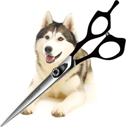 Fenice Peak 7.5'' Dog Straight Scissors for Grooming Heavy and Anti-Slip Black Handler 440C Stainless Steel Professional Pet Trimming Scissors Sharp Blades Cutting for Dogs and Cats