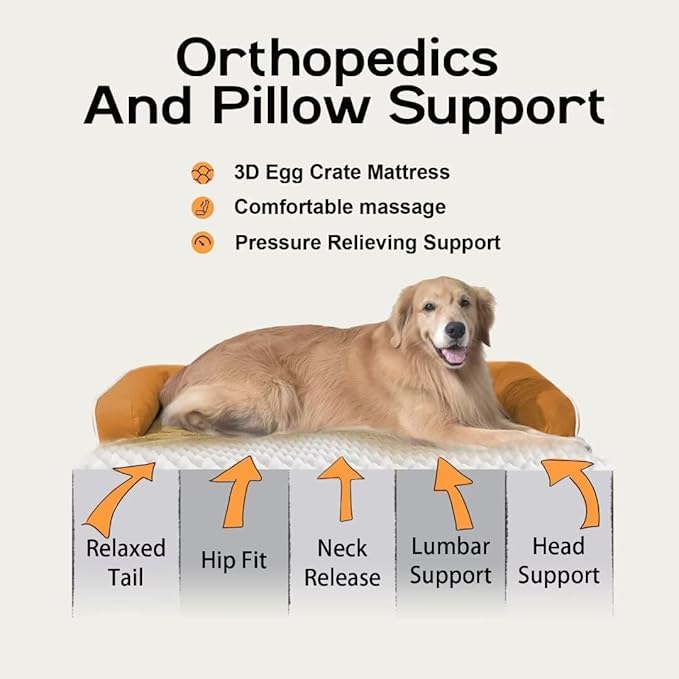 Large Dog Bed Orthopedic Washable, Orthopedic Dog Beds for Large Dogs with Washable Cover, Removable Bolster and Non-Slip Bottom Orange Large Dog Beds, XL XLarge Extra Large Dogs