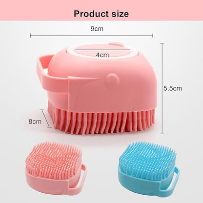 Pet Bath Brush Scrubber, Soft Silicone Shampoo Dispenser with Shower Grooming & Adjustable Ring Handle for Short/Long Haired Dogs and Cats, Pink+Blue 1PCS