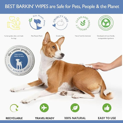 Best BARKIN' Wipes with Free Mesh Bag - Dog Wipes for Paws Ears and Butt - Micellar Aloe Scented Travel Friendly Puppy Wipes (12-Pack)
