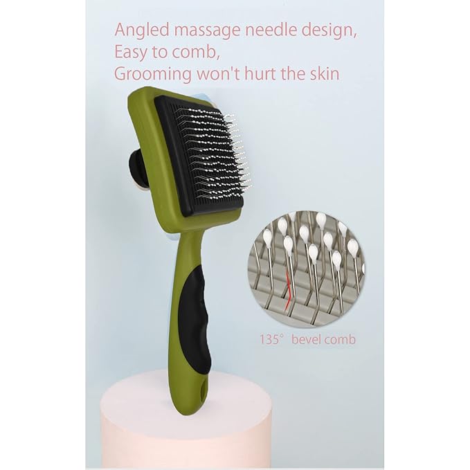 IOO Grooming Brush For Cat And Dog, Self Cleaning Slicker Brushes For Pet， Pet Grooming Brush Can Gently Removes Loose Undercoat, Mats Tangled Hair Slicker Brush for Pet Massage Cleaning (green)