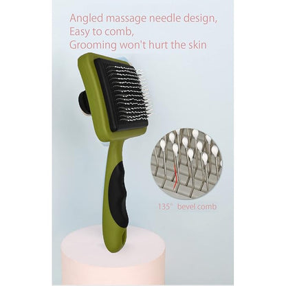 IOO Grooming Brush For Cat And Dog, Self Cleaning Slicker Brushes For Pet， Pet Grooming Brush Can Gently Removes Loose Undercoat, Mats Tangled Hair Slicker Brush for Pet Massage Cleaning (green)