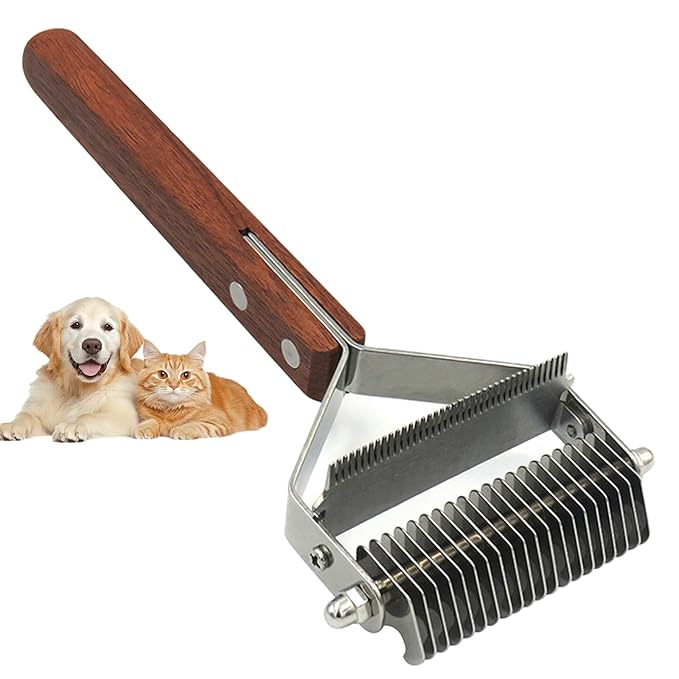 Pet Dematting Comb – 20-Tooth Stainless Steel Grooming Rake for Dogs & Cats, Effective for Medium to Long-Haired Breeds, Tangle & Shedding Control, Anti-Slip Wooden Handle