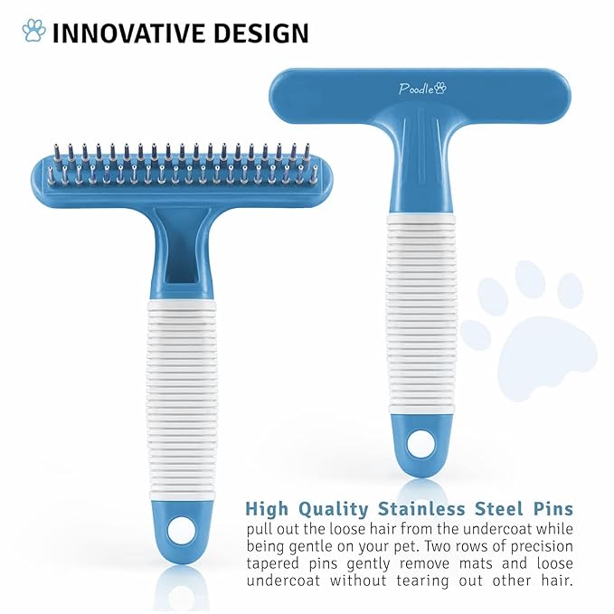 POODLIE Poodle Pet Dog Grooming Rake | Dematting Tool with Stainless Steel Shedding Comb for Pets | 2 Rows of Pins Gently Remove Loose or Tangled Hair from Undercoat (Blue)