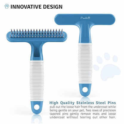 POODLIE Poodle Pet Dog Grooming Rake | Dematting Tool with Stainless Steel Shedding Comb for Pets | 2 Rows of Pins Gently Remove Loose or Tangled Hair from Undercoat (Blue)