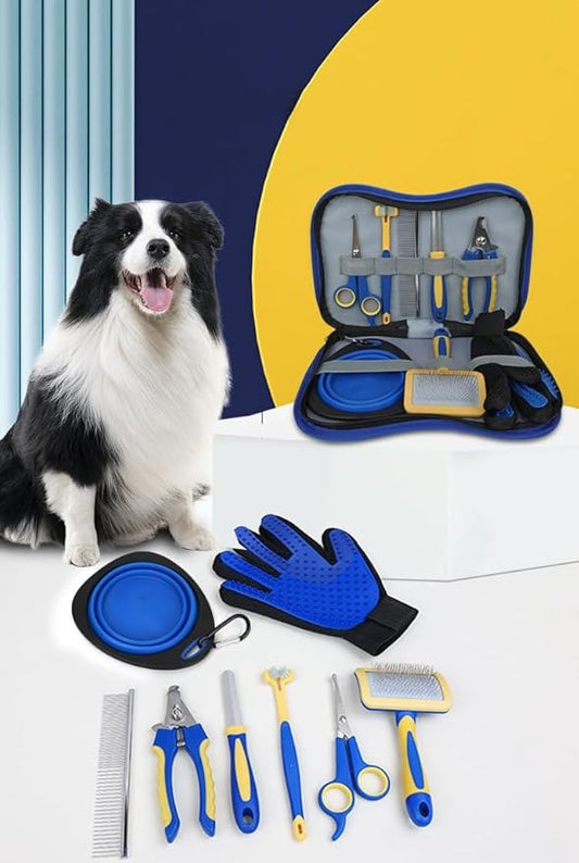 TSINGS Pet Grooming Tools 8-Piece Kit with Hair Comb, Steel Comb, Nail Clipper, File, Hair Clipper, Toothbrush, Bowl and Hair Removal Gloves