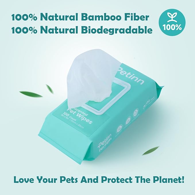 Pet Wipes for Dogs and Cats, Paws Butt Fur Cleaning Deodorizing, 100 Count Unscented Pet Grooming Wipes with 8"x8" Biodegradable Bamboo Fiber, Puppy Kitten Bath Wipe, Hypoallergenic, Licking Safety
