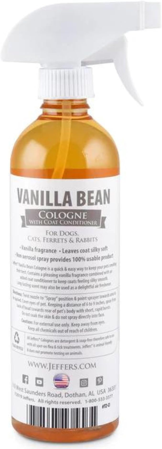 Jeffers Pet Cologne for Dogs, Cats, Rabbits & Ferrets, Vanila Bean 16oz – Soap-Free, Conditioner for Silky Coats, Safe & Fresh Fragrance, Deodorizing Spray for Pets, Grooming Essentials