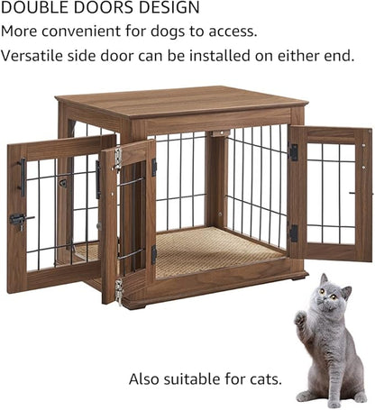 beeNbkks Furniture Style Dog Crate End Table, Double Doors Wooden Wire Dog Kennel with Pet Bed, Decorative Pet Crate Dog House Indoor Medium Large