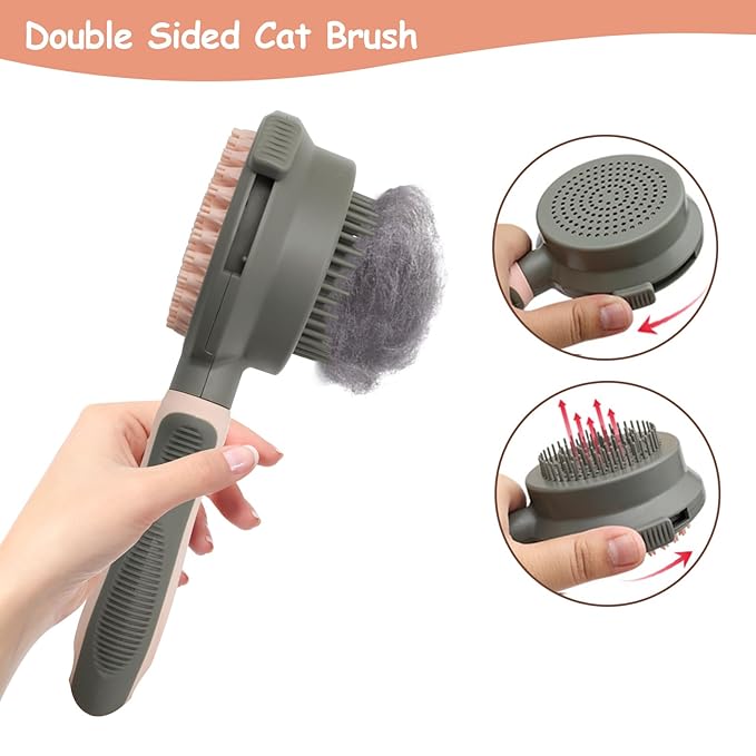 WishLotus Pet Brush, Double Sided Massaging Cat Hair Brush Retractable Self Cleaning Soft Pet Grooming Brush with Comfortable Handle for Grooming and Cleaning Pet Loose Hairs (Pink)