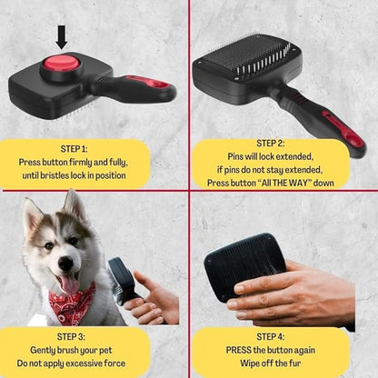 Self Cleaning Slicker TWO in One Brush - Updated Button - Slicker & Undercoat Rake - Remove Shedding Dog Hair, Undercoat & Mats, for Medium & Long Haired Dogs, Great for Husky, GSD