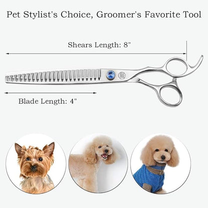 Professional Dog Grooming Curved Straight Thinning/Blending/Chunking Scissors Kit JP-440C Stainless Steel Pet Cat Hair Cutting/Trimming Shears Silver (8" (23-Tooth))