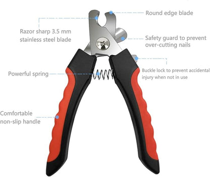 Pet Nail Clippers and Trimmers Set Safety Guard to Avoid Over Cutting Razor Sharp Blades Grooming Tool for All Small Large Dog Cat Red