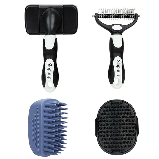 Dog Brush Kit for Grooming Short & Long Haired Dogs & Cats, 4-in-1 Pet Grooming Set with Self-Cleaning Slicker Brush, Deshedding Tool, Shampoo Bath Comb, Massge Comb (White Black)