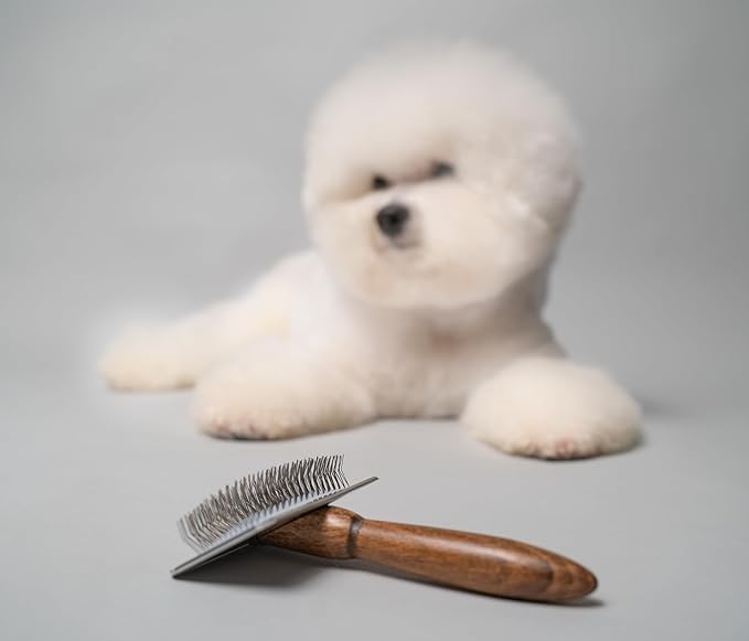 TAURO PRO LINE Wooden Dog Brush for Shedding Long and Short Hair, Wooden Soft Slicker for Grooming Haired Dogs and Cats, Metal Teeth And Sleek Design, 5,11 x 2.36 inch, S, Brown