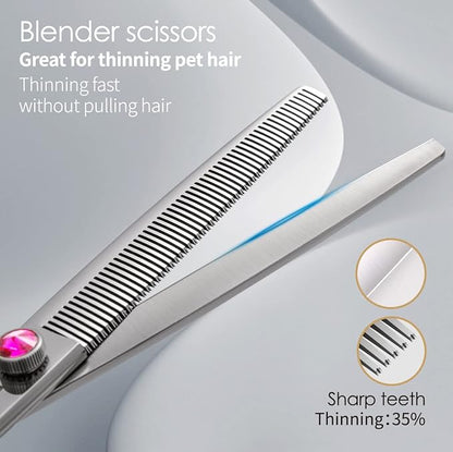 Dog Grooming Scissors Kit 7 in Professional Curved Thinning Straight Chunkers Shears and Comb 5pcs Set for Grooming Dogs Cat Pet Japanese 440C Stainless Steel(7.0'',Kit)