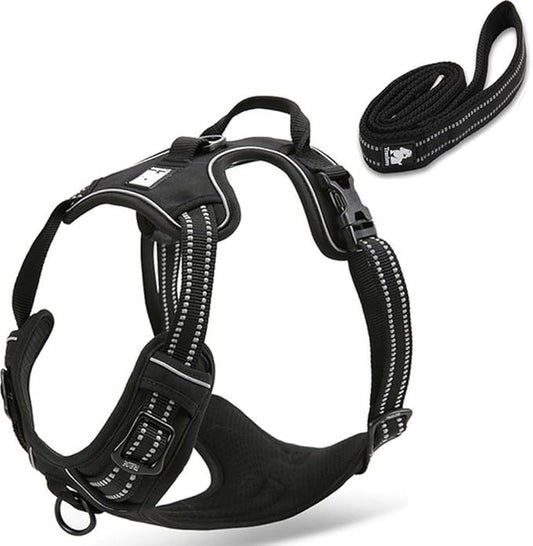 Reflective Nylon No-Pull Dog Harness and Training Leash Set Padded Durable Adjustable(L, Black Set)
